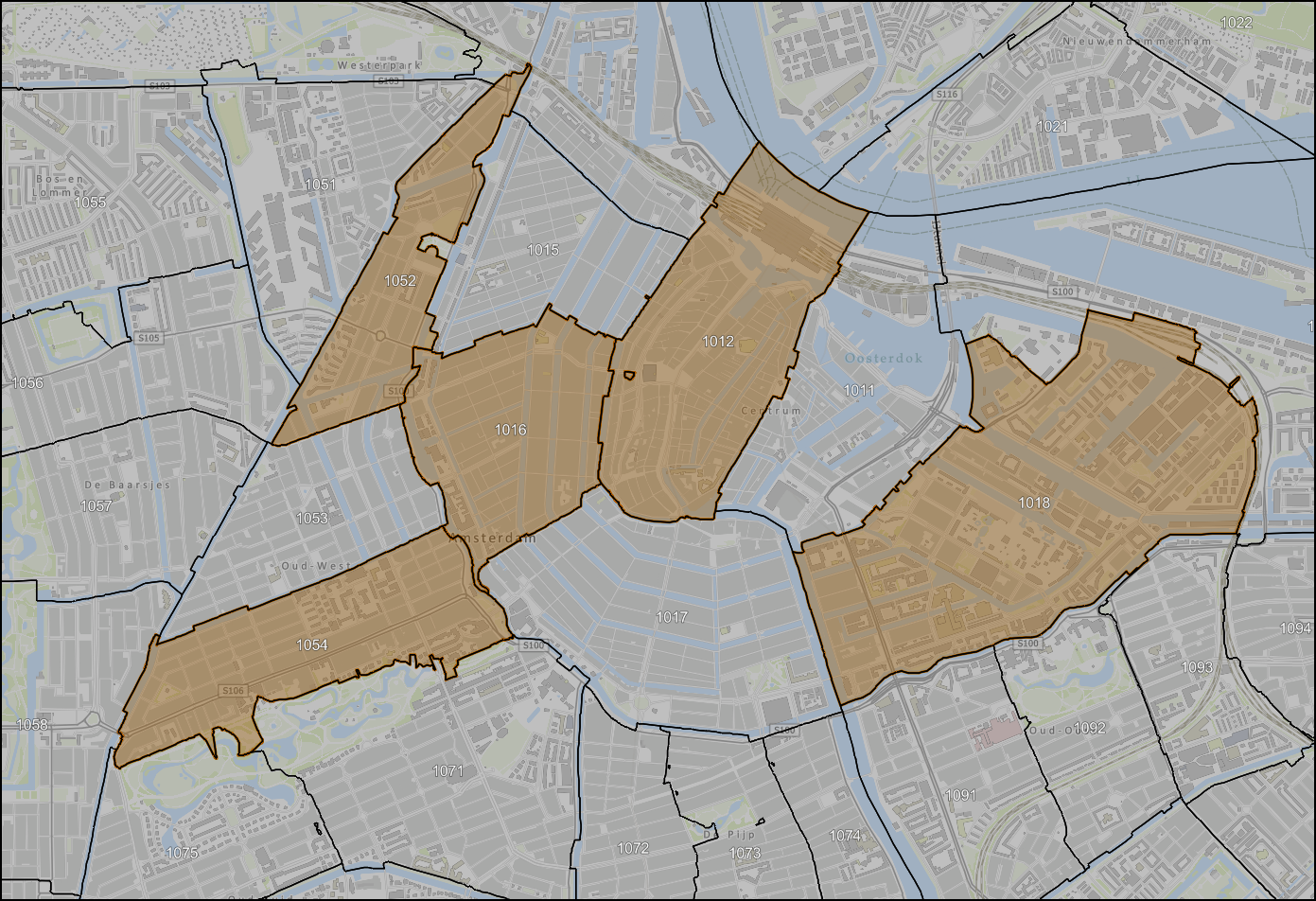 Kaart van Amsterdam met meerdere geselecteerde postcodegebieden
